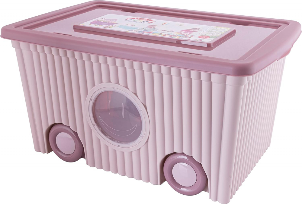 Cutie cu capac din plastic pentru depozitare jucarii cu roti Roz 40L