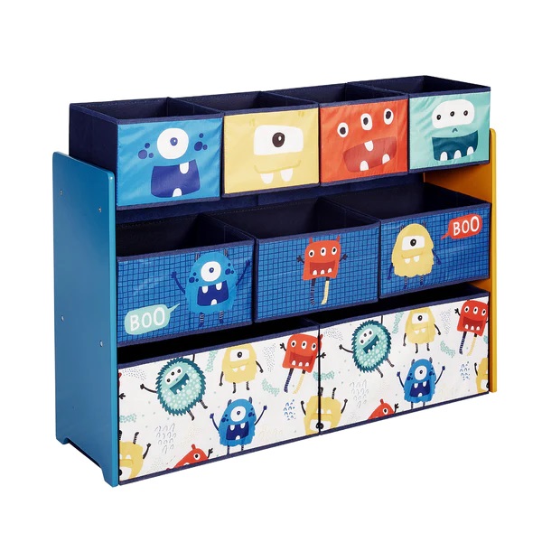 Organizator din lemn Ginger Home pentru jucarii cu 9 cutii textile Monster