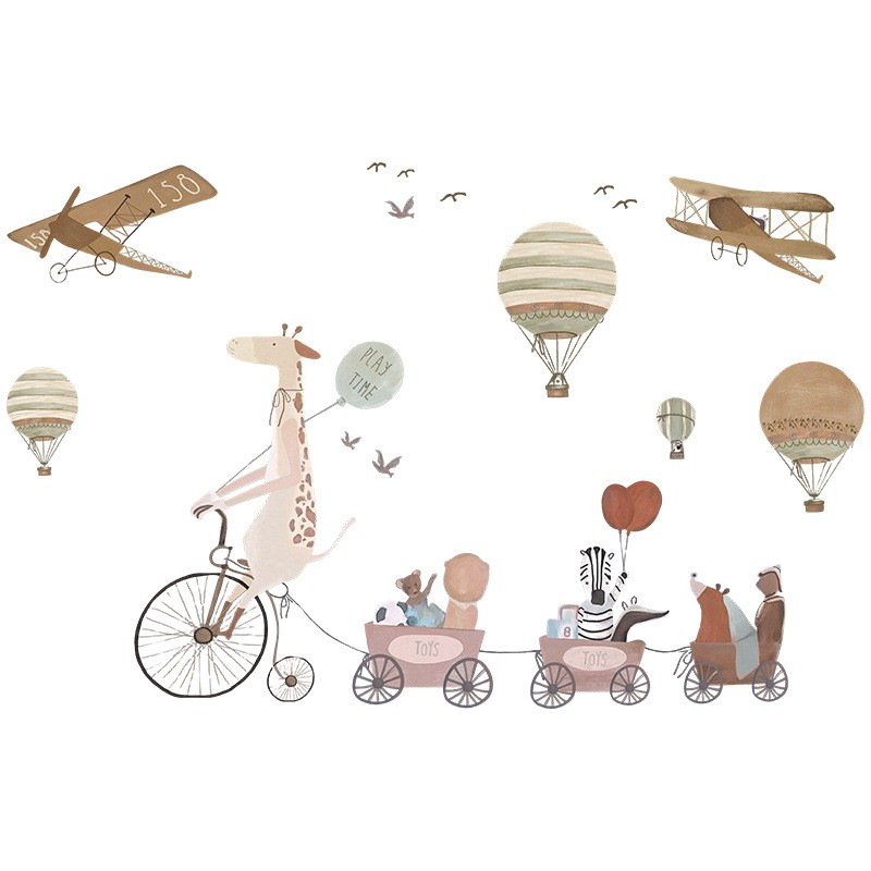 Sticker decorativ pentru copii autoadeziv Girafa pe bicicleta si prietenii 72x111 cm - 6