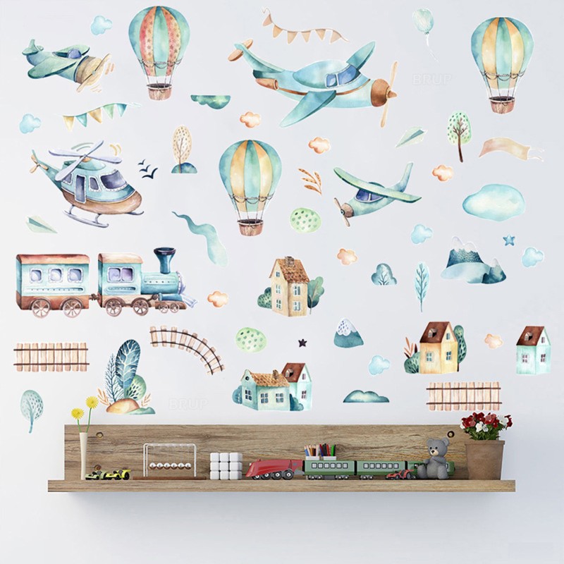 Sticker decorativ pentru copii autoadeziv Avioane si baloane 90x90 cm - 1