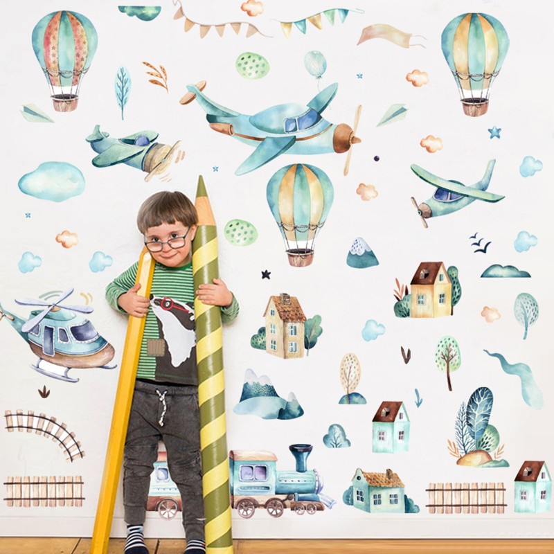Sticker decorativ pentru copii autoadeziv Avioane si baloane 90x90 cm - 2