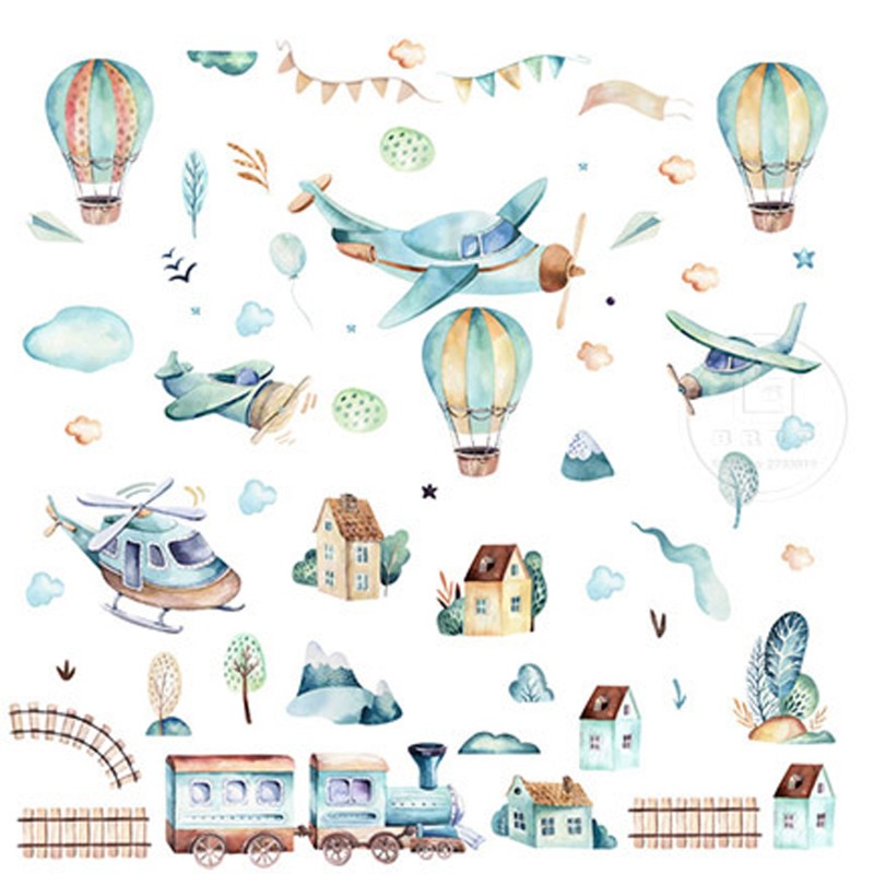 Sticker decorativ pentru copii autoadeziv Avioane si baloane 90x90 cm