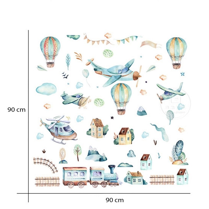 Sticker decorativ pentru copii autoadeziv Avioane si baloane 90x90 cm - 3