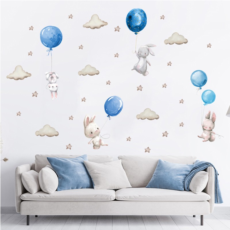 Sticker decorativ pentru copii autoadeziv Iepurasi cu baloane albastru 70x49 cm