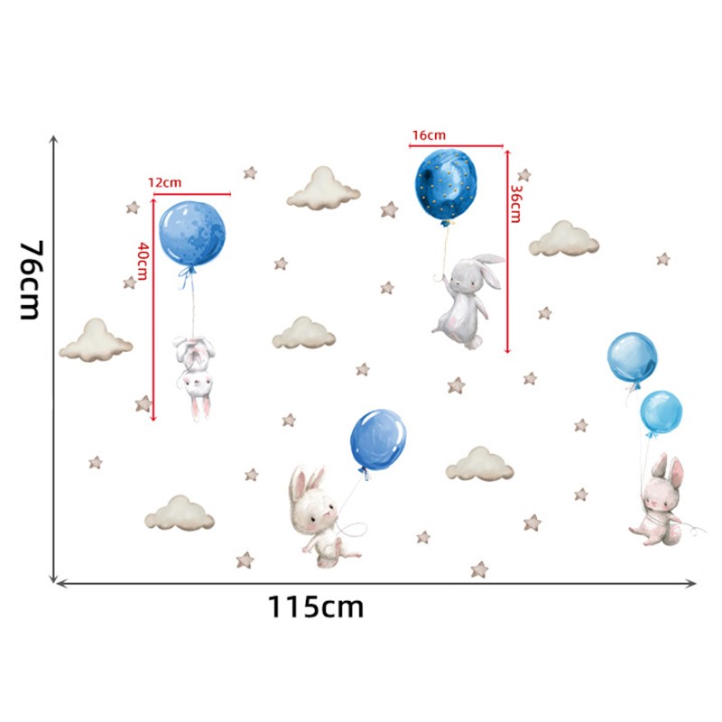 Sticker decorativ pentru copii autoadeziv Iepurasi cu baloane albastru 70x49 cm - 1