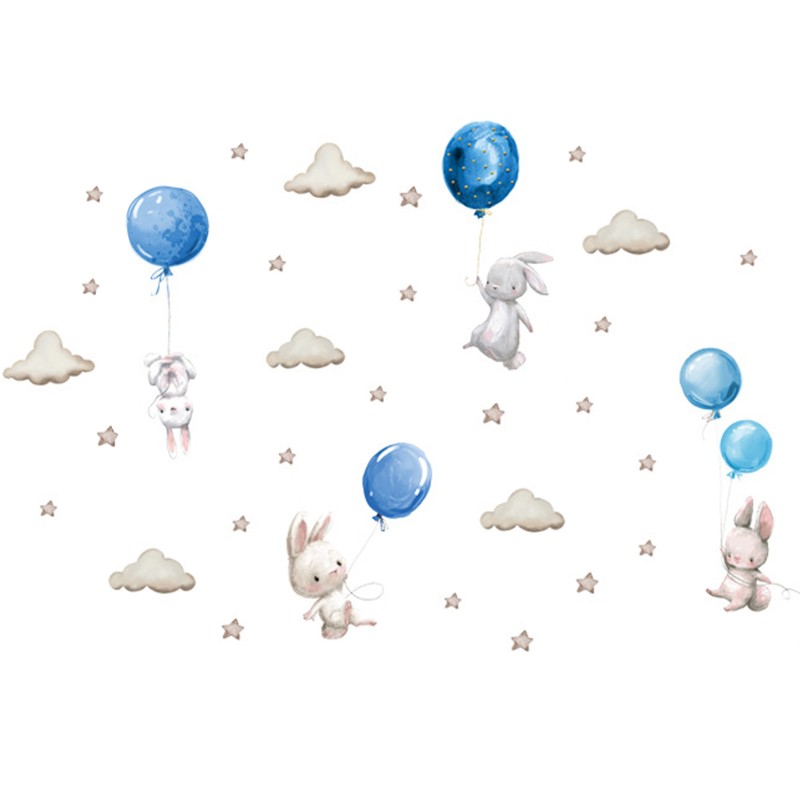 Sticker decorativ pentru copii autoadeziv Iepurasi cu baloane albastru 70x49 cm - 2