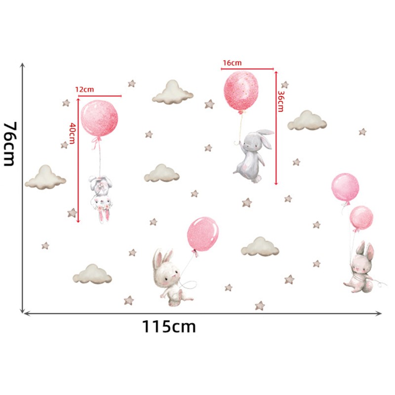 Sticker decorativ pentru copii autoadeziv Iepurasi cu baloane roz 70x49 cm - 1