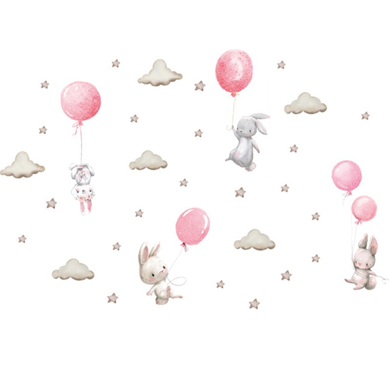 Sticker decorativ pentru copii autoadeziv Iepurasi cu baloane roz 70x49 cm