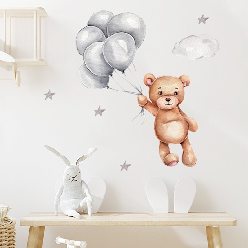 Sticker decorativ pentru copii autoadeziv Ursulet cu baloane 50x67 cm - 1
