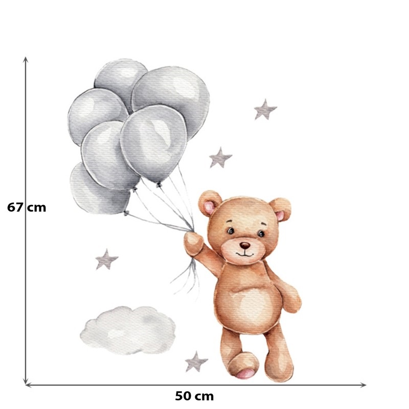 Sticker decorativ pentru copii autoadeziv Ursulet cu baloane 50x67 cm - 2