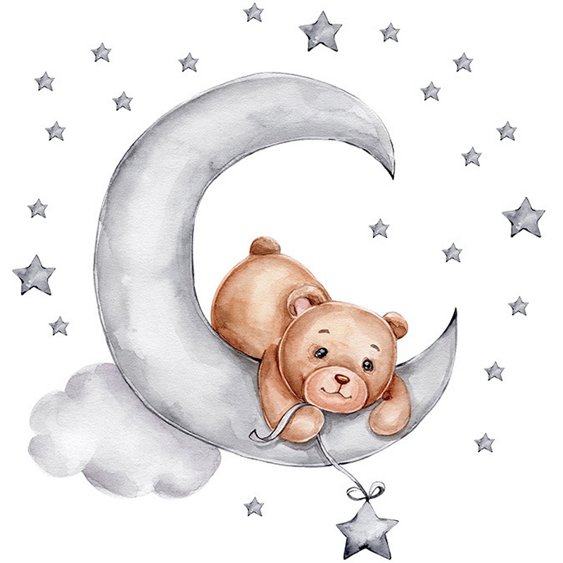 Sticker decorativ pentru copii autoadeziv Ursulet de plus intins pe luna 62x60 cm