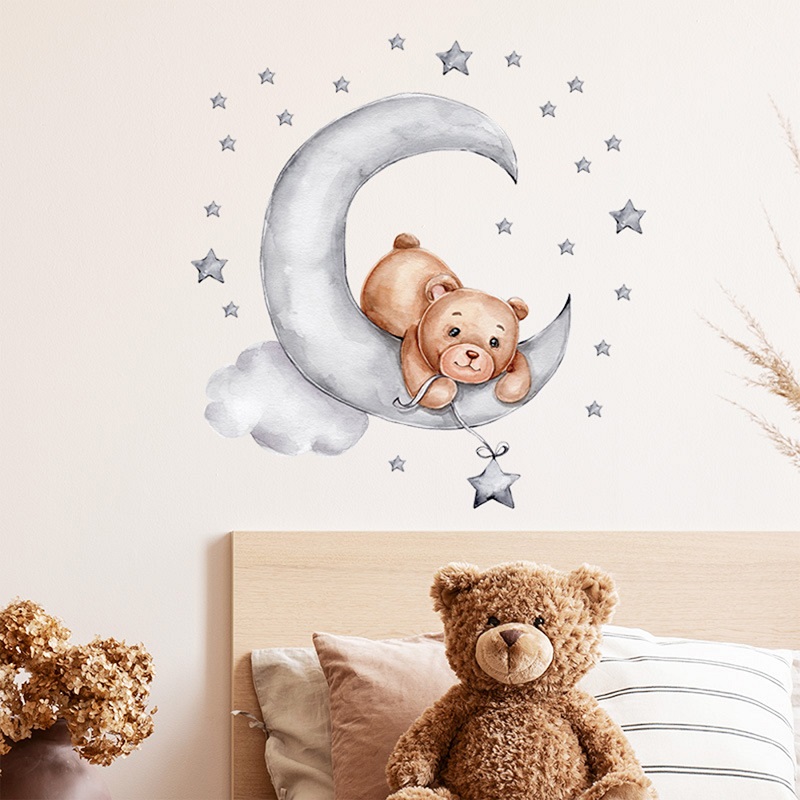 Sticker decorativ pentru copii autoadeziv Ursulet de plus intins pe luna 62x60 cm - 2