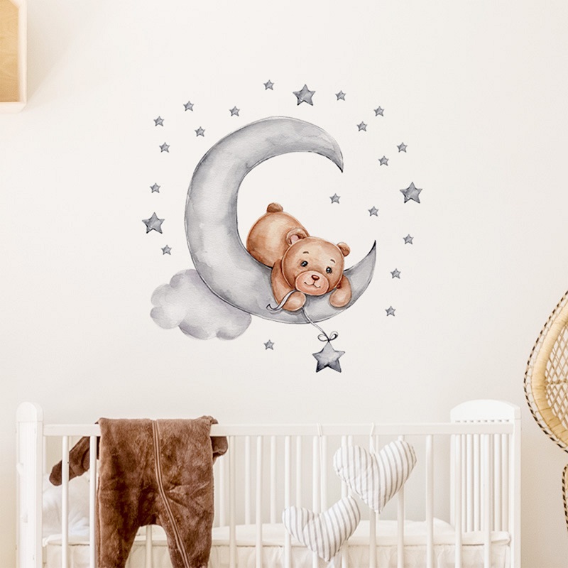 Sticker decorativ pentru copii autoadeziv Ursulet de plus intins pe luna 62x60 cm - 3
