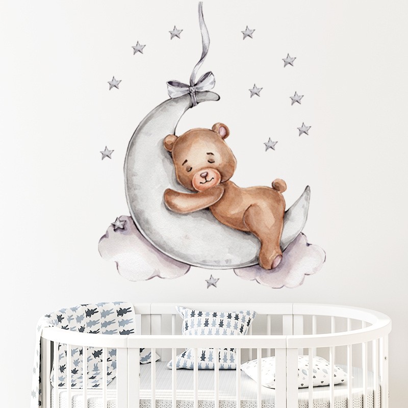 Sticker decorativ pentru copii autoadeziv Ursulet de plus pe luna 72x57 cm