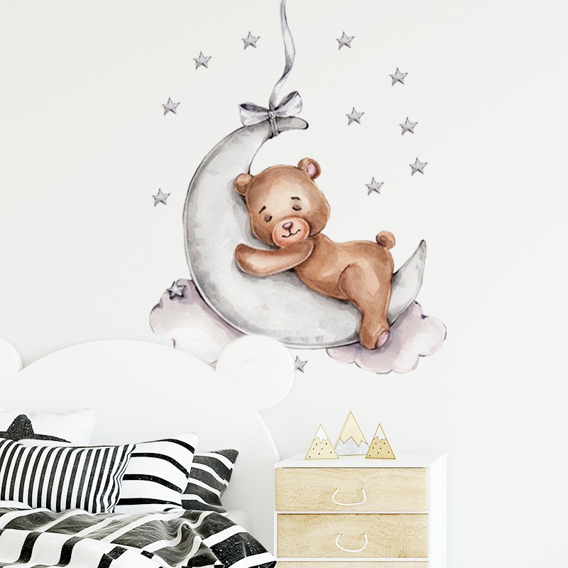 Sticker decorativ pentru copii autoadeziv Ursulet de plus pe luna 72x57 cm - 1