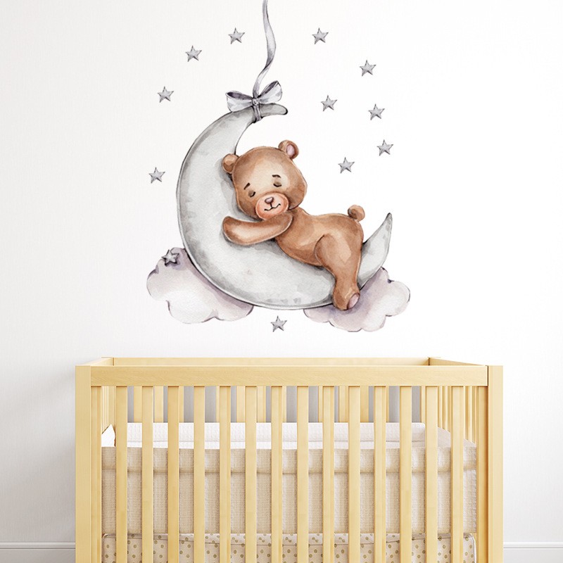 Sticker decorativ pentru copii autoadeziv Ursulet de plus pe luna 72x57 cm - 2