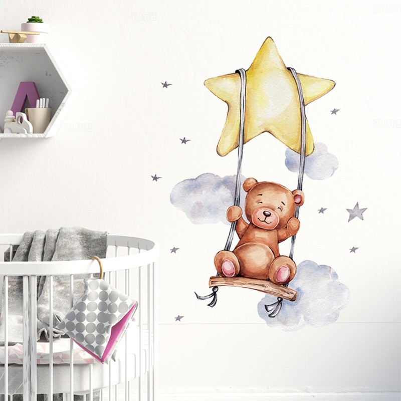 Sticker decorativ pentru copii autoadeziv Ursulet in leagan 57 x 74 cm