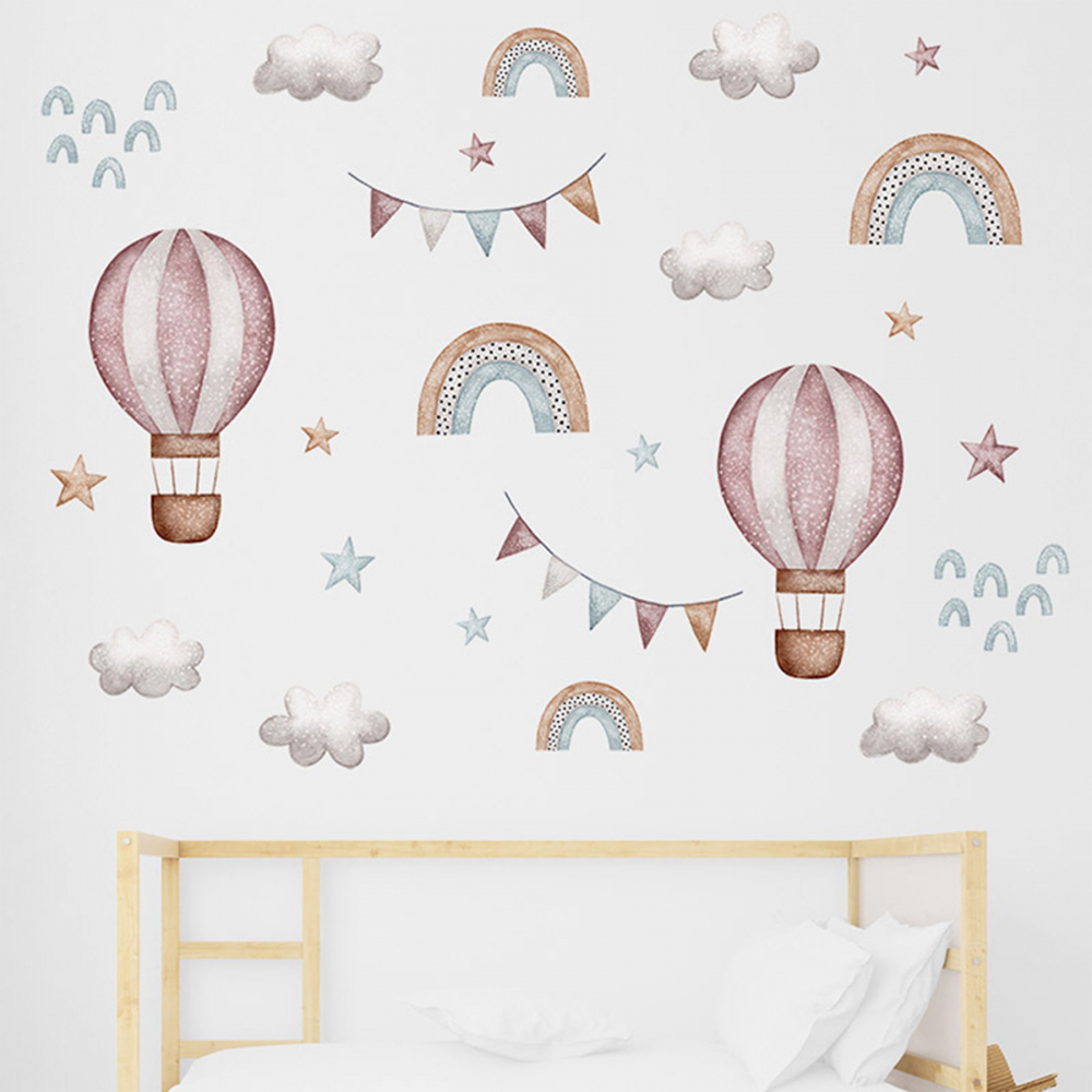 Sticker decorativ pentru copii autoadeziv baloane colorate curcubeu si stele 86x64 cm