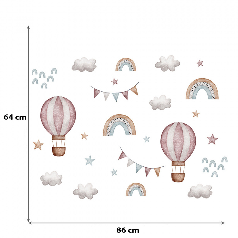 Sticker decorativ pentru copii autoadeziv baloane colorate curcubeu si stele 86x64 cm - 3