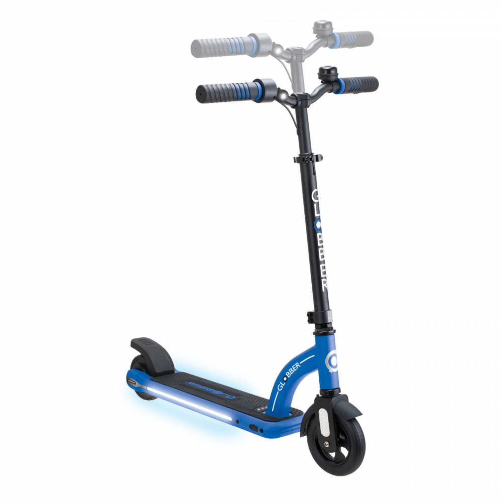 Trotineta electrica Globber E-Motion 11 Blue autonomie 9-11 km ghidon reglabil echipat cu lanterna LED si clopotel, platforma prevazuta cu cric, roti din cauciuc, greutate admisa 70 kg