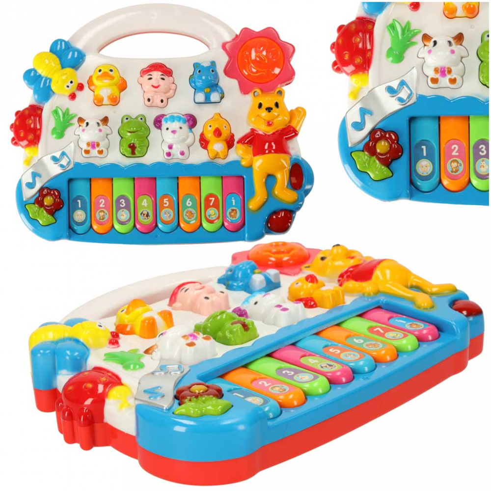 Jucarie pian interactiv pentru copii, Ikonka Happy Animals cu efecte luminoase si sonore, maner de transport, dimensiune 24 x 20 x 3.5 cm