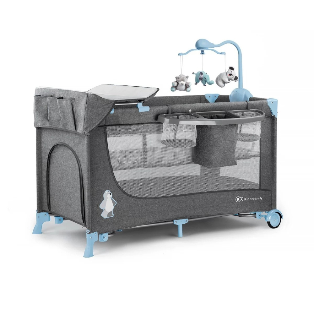 Patut pliabil cu doua nivele accesorii carusel si masa de infasat 126 x 65 x 76 cm Blue