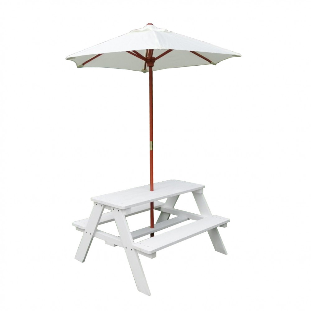Set masuta de gradina cu bancute din lemn si umbrela Ginger Home Alb