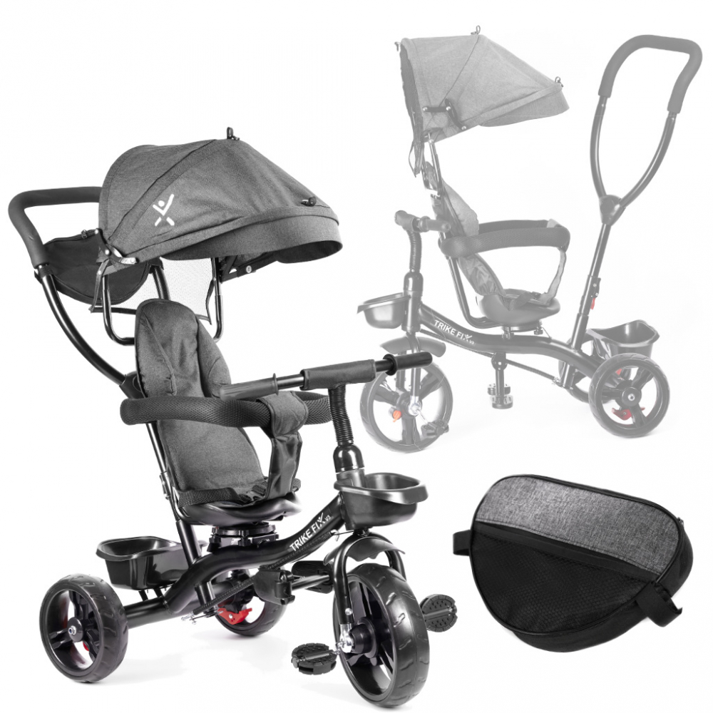 Tricicleta pentru copii cu scaun rotativ 360 Trike Fix Lite Grey, sistem roata libera, roti cauciuc EVA, suport pentru picioare, maner cu control al directiei si frana pe rotile din spate