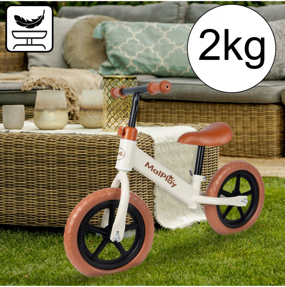 Bicicleta de echilibru fara pedale, cu Ghidonul si Saua ergonomica reglabile in inaltime, roti de 12 inch din spuma EVA si manere anti-alunecare WhiteBrown