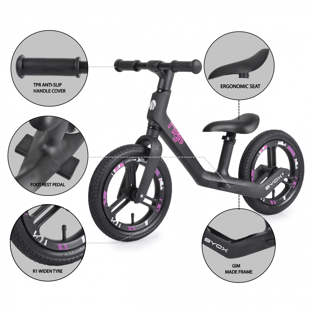 Bicicleta Fara Pedale 12inch Cu Suport Picioare Si Inaltime Sa Reglabila Byox Mojo Blackpink