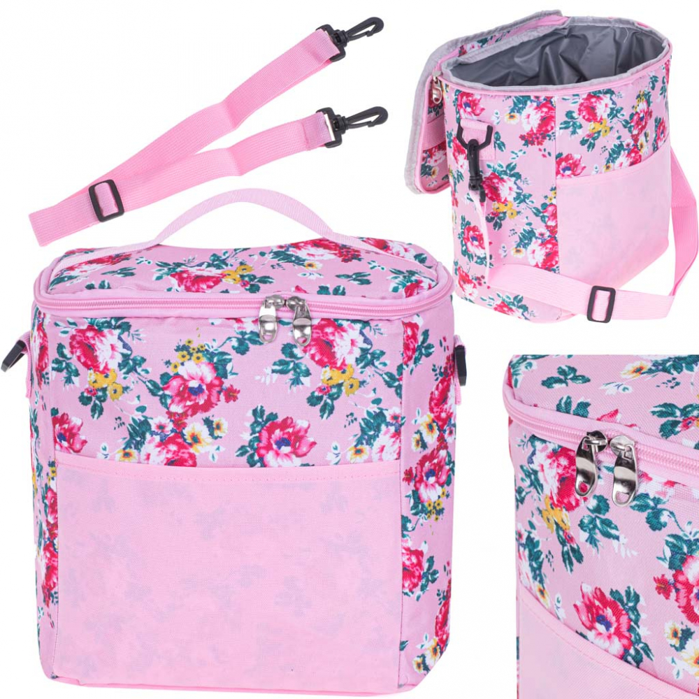 Geanta termoizolanta pentru picnic sau plaja capacitate 11 L Pink Flowers