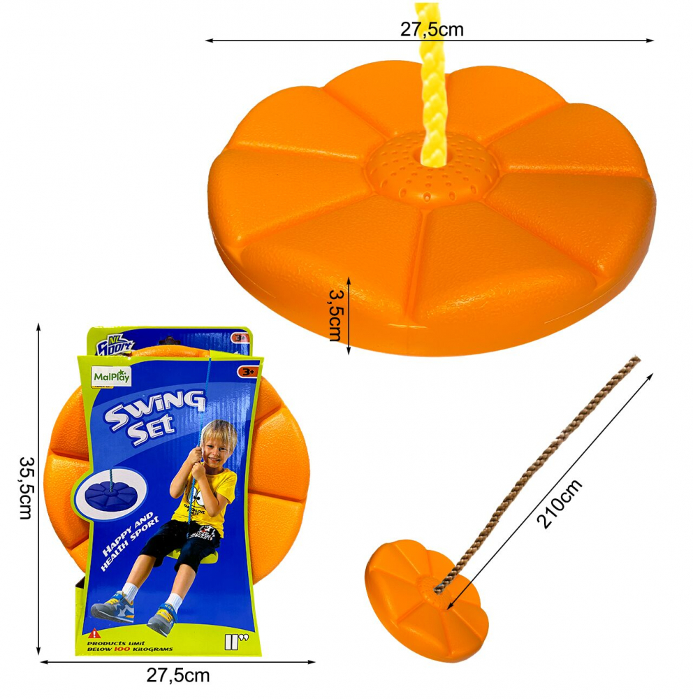 Leagan pentru copii, diametru disc 27.5cm, din plastic, funie 210 cm, Orange Flower