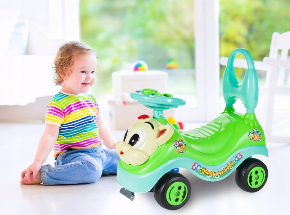 Masinuta fara pedale Ride-on Malplay Kitty Green cu spatar inalt, volan cu claxon, sistem antirasturnare de la 18 luni pana la 27 kg