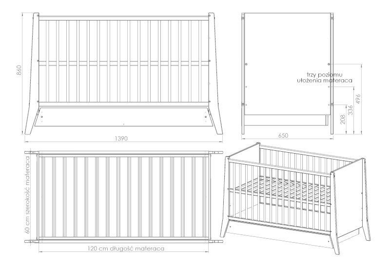 Patut din lemn cu Sertar 120x60 cm Nichiduta Damian cu grilaj Alb - 1 | YEO