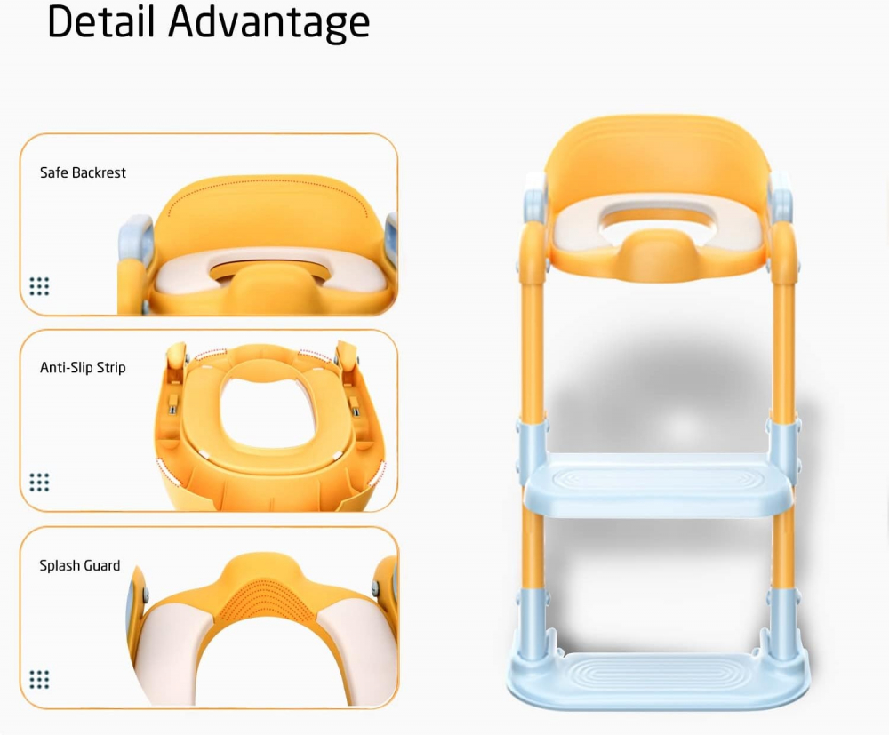 Reductor WC copii cu scara Little Mom Blue, colac moale spuma PU, pliabil, portabil, reglabil doua nivele, suport lat pentru picioare, antialunecare - 1 | YEO