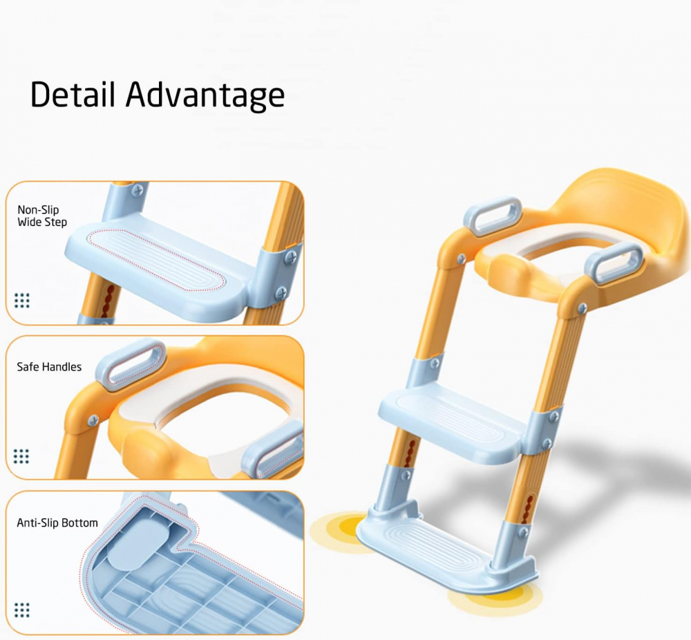 Reductor WC copii cu scara Little Mom Blue, colac moale spuma PU, pliabil, portabil, reglabil doua nivele, suport lat pentru picioare, antialunecare - 2 | YEO