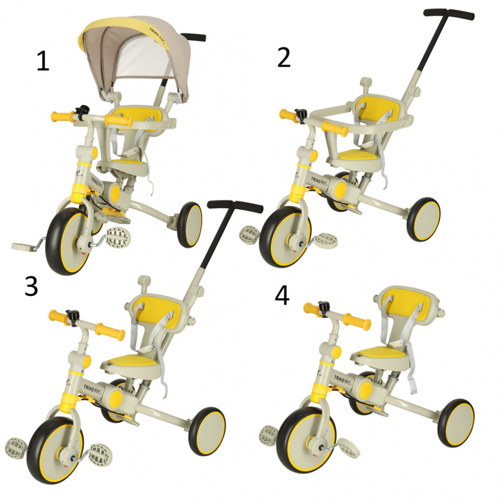 Poze Tricicleta pentru copii Ikonka Trike Fix V4 GriGalben ultrapliabila, cu copertina , scaun reversibil, maner cu control al directiei, roti din spuma Eva si parasolar cu protectie UV nichiduta.ro 