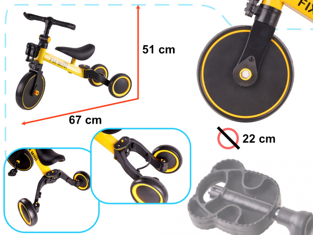 Tricicleta pentru copii Ikonka Trike Fix Yellow cu pedale, 3 in 1, ghidon si sa reglabile, cadru din otel, roti din spuma pentru copii cu varsta cuprinsa intre 1,5 si 4 ani si 30kg - 3 | YEO