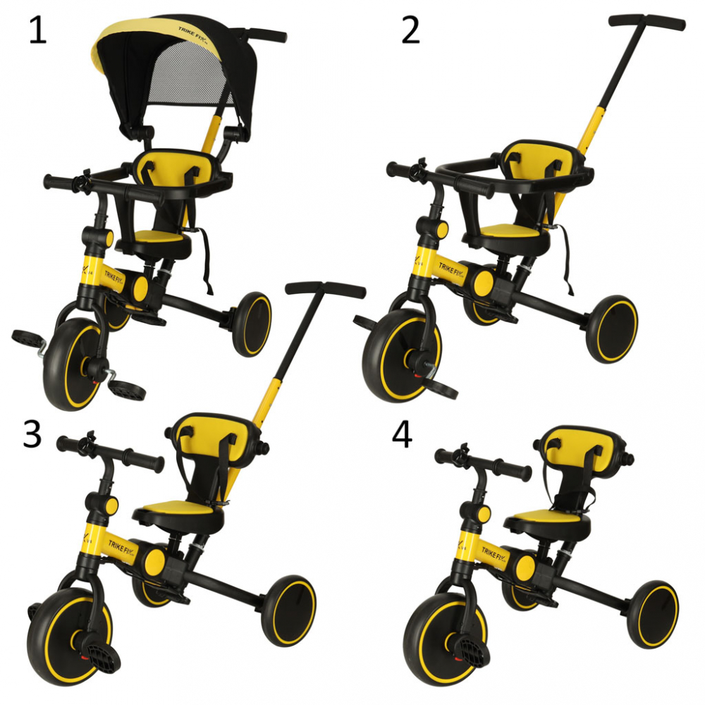 Tricicleta ultrapliabila cu copertina Trike Fix V4 NegruGalben, scaun reversibil, suport pentru picioare, maner cu control al directiei, roti din spuma Eva si parasolar cu protectie UV