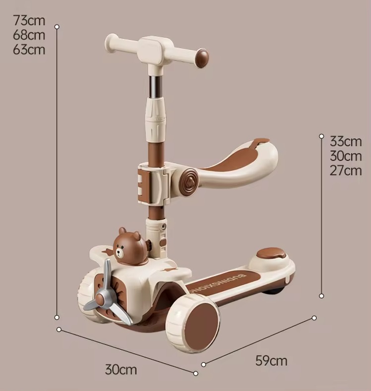 Trotineta 3 in 1 pliabila Nichiduta Bear Curry, ghidon reglabil, muzica, roti Led, scaunel si maner parental