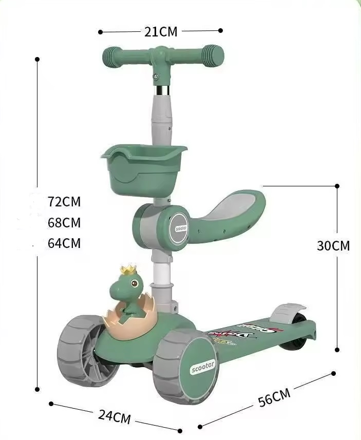 Trotineta pliabila pentru copii, Nichiduta, cu ghidon reglabil in inaltime, cosulet si scaunel detasabile, muzica, roti luminoase LED, frana pe roata din spate, dimensiune 56 x 24 x 72 cm, Green Dino - 4