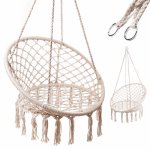 Leagan suspendat Ikonka, pentru interior/exterior, cu franghii din bumbac si cadru metalic, diametru 80 cm, sarcina maxima admisa 150 kg, Ecru