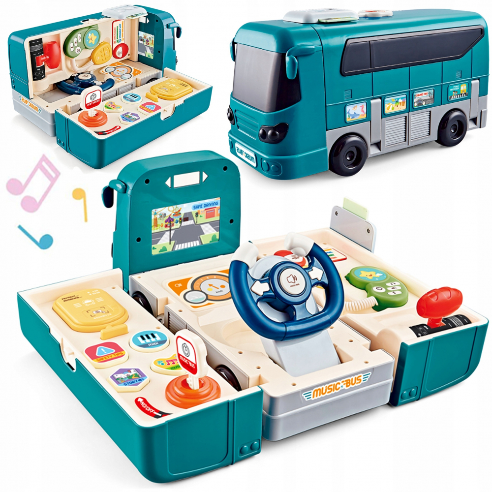 Autobuz interactiv 2in1 Matadi Blue transformabil in simulator de conducere cu volan,semnalizari cu lumini LED,schimbator de viteze,sunete si muzica