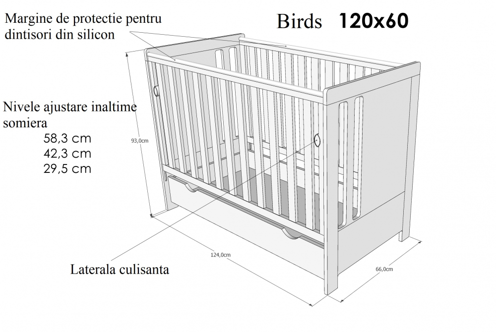 Patut din lemn cu laterala culisanta Nichiduta Birds White - 3