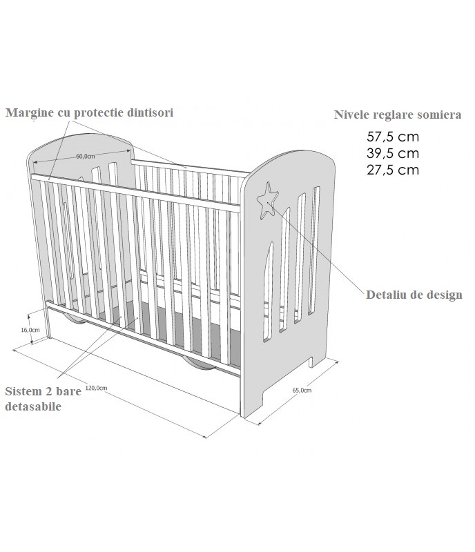 Patut din lemn cu somiera reglabila si margine din silicon pentru protectie dintisori Little Star White - 1