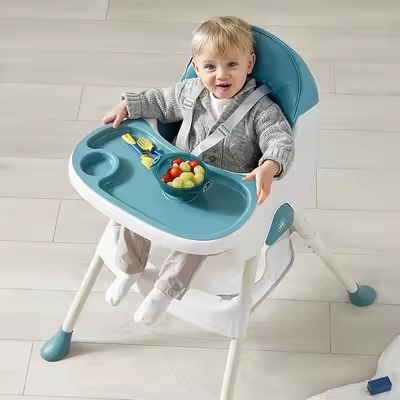 Scaun de masa bebe Little Mom Blue, multifunctional, centura de siguranta in 5 puncte, picioare antiderapante, tava detasabila, pliabil, cos depozitare - 2 | YEO