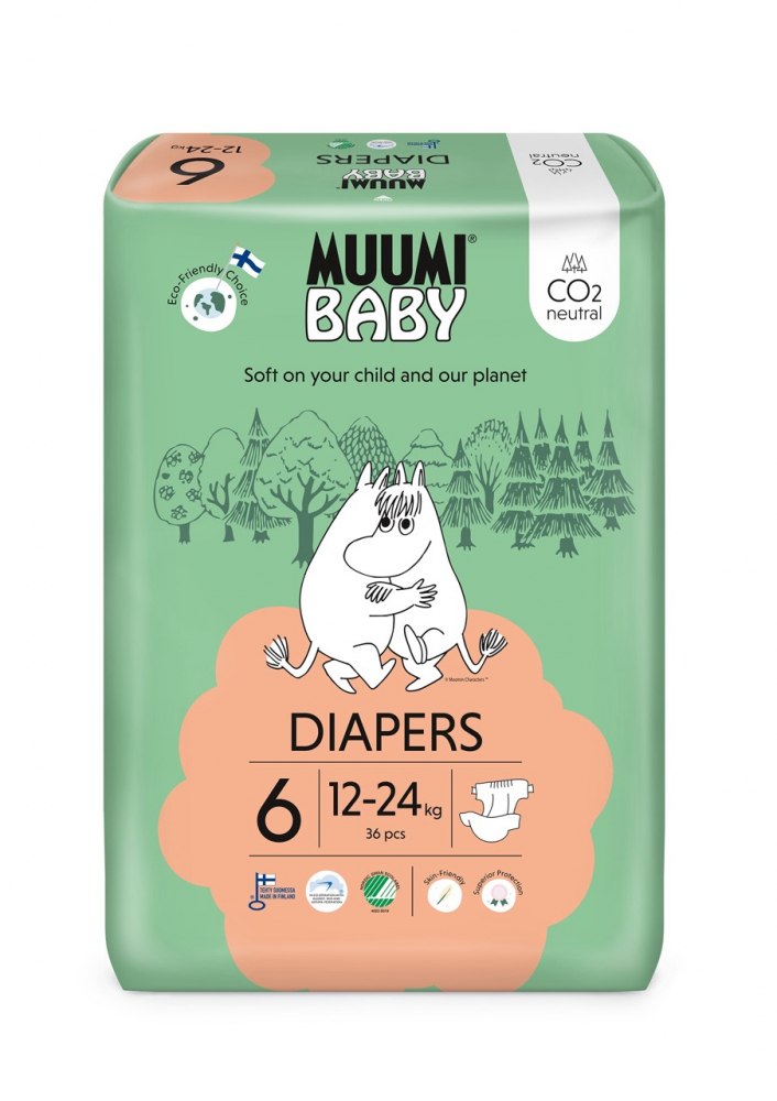 Scutece finlandeze eco tip deschis Muumi Baby 6 Maxi, 12 - 24 kg 36 bucati