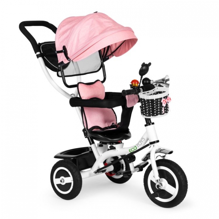 Tricicleta pentru copii Ecotoys Jm-066-9l Roz cu roti din cauciuc gonflabil, scaun reversibil, suport picioruse, greutate maxim admisa 25 kg