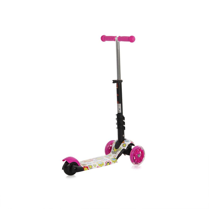 Trotineta pentru copii Smart Plus Pink Flowers, 3 roti cu LED, scaun reglabil si detasabil, maner parental reglabil, ghidon reglabil, greutate suportata 20 kg, varsta 3 ani+