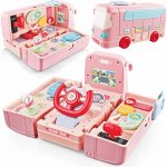 Autobuz interactiv 2in1 Matadi Pink transformabil in simulator de conducere cu volan,semnalizari cu lumini LED,schimbator de viteze,sunete si muzica